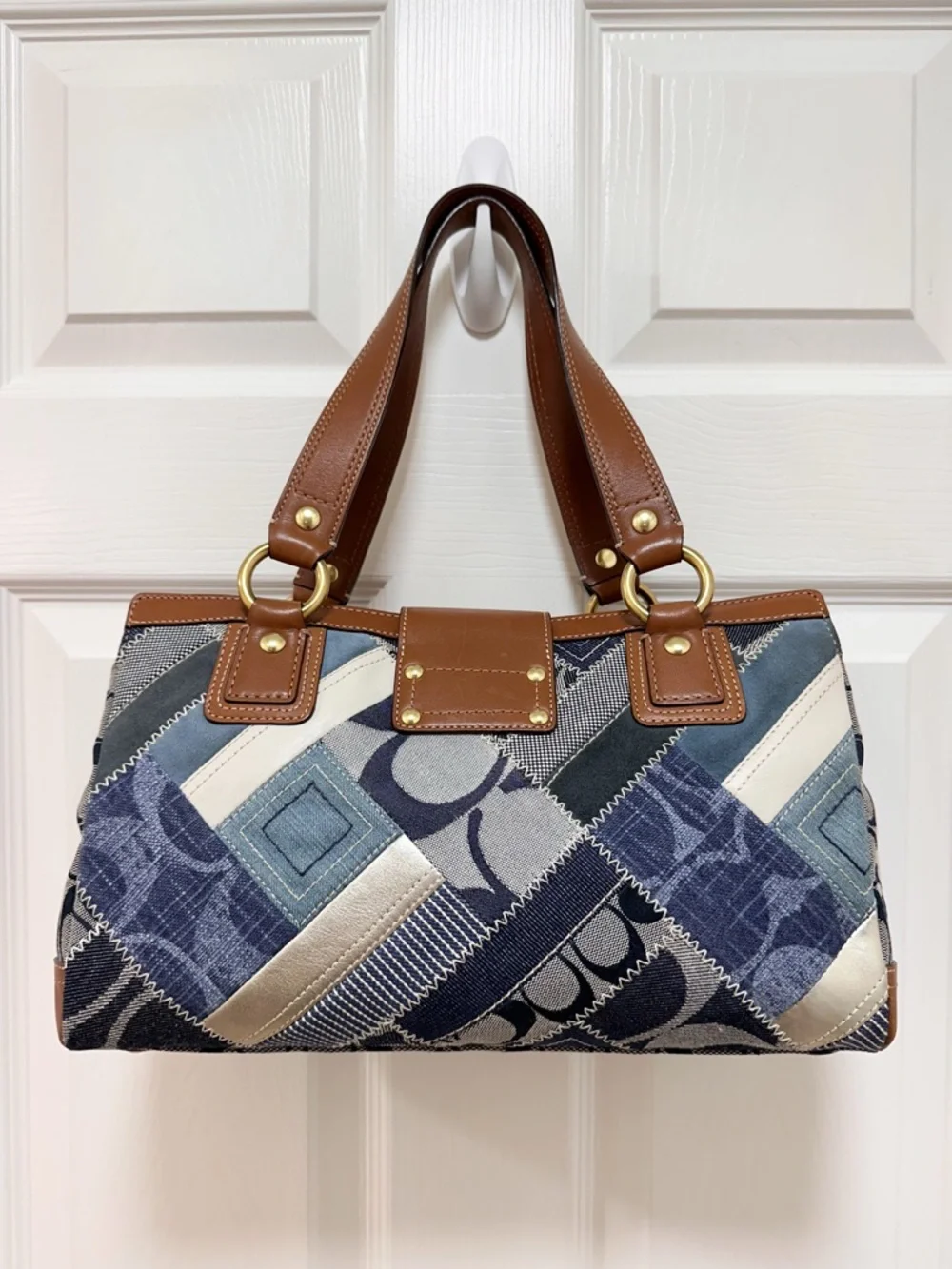 Coach Hamptons Satchel Bag Denim Patchwork Saddle Leather Turnlock